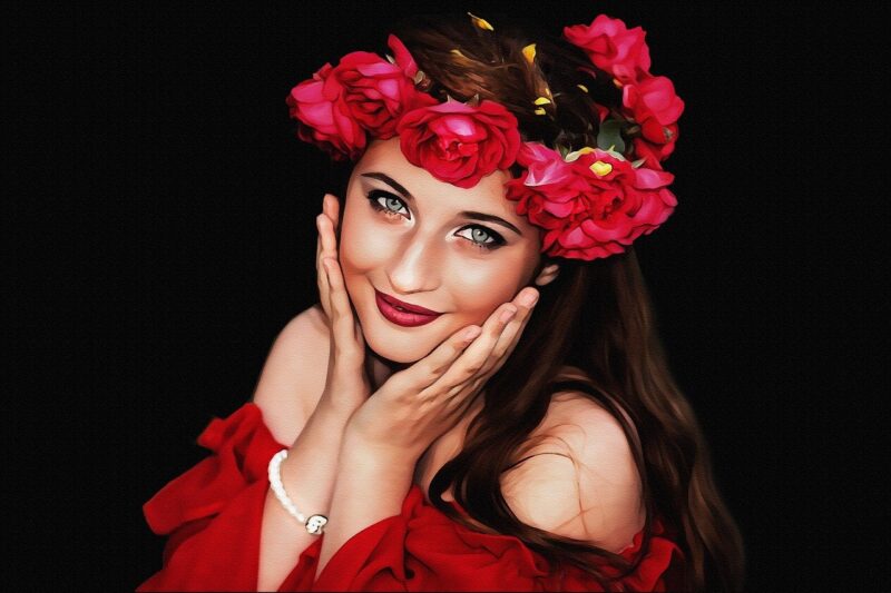 femme couronne de fleurs rouges